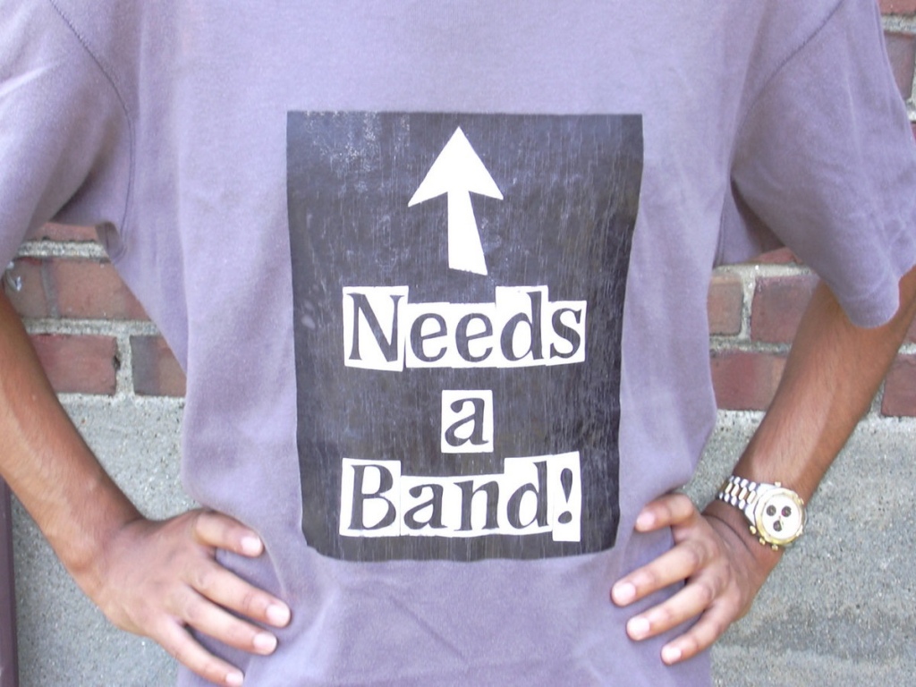 My friend wearing the Needs a Band t-shirt, which was the cover for the Disband first album.